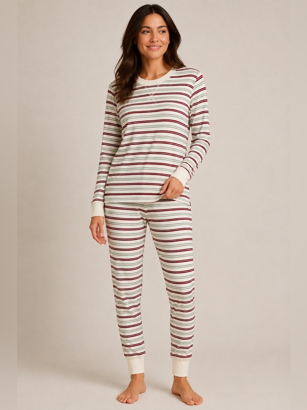 PACT Organic Cotton Burgundy Red Sage Green Striped Long Sleeve Pajama Set S